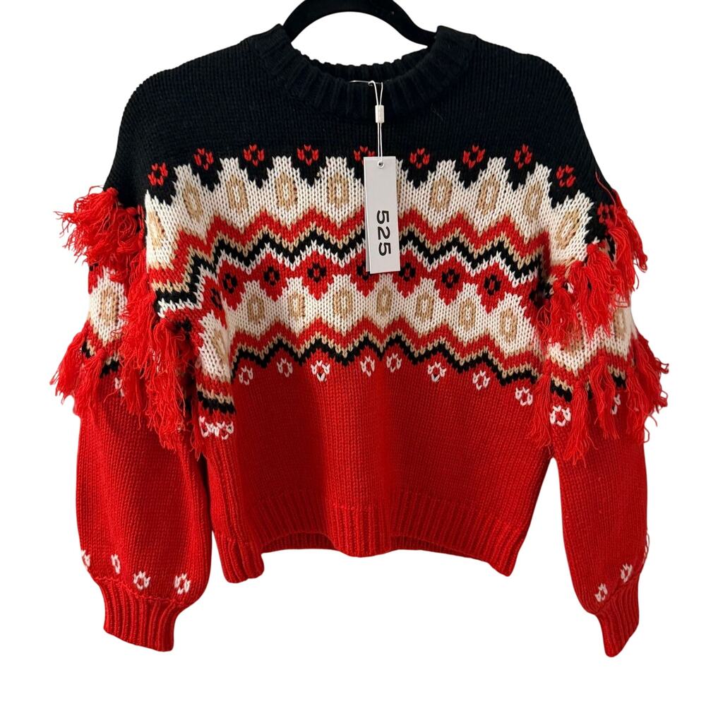 $159 NWT 525 America XS Margaret Fringe Fair Isle Pullover in the Red Motif colo - Picture 3 of 8